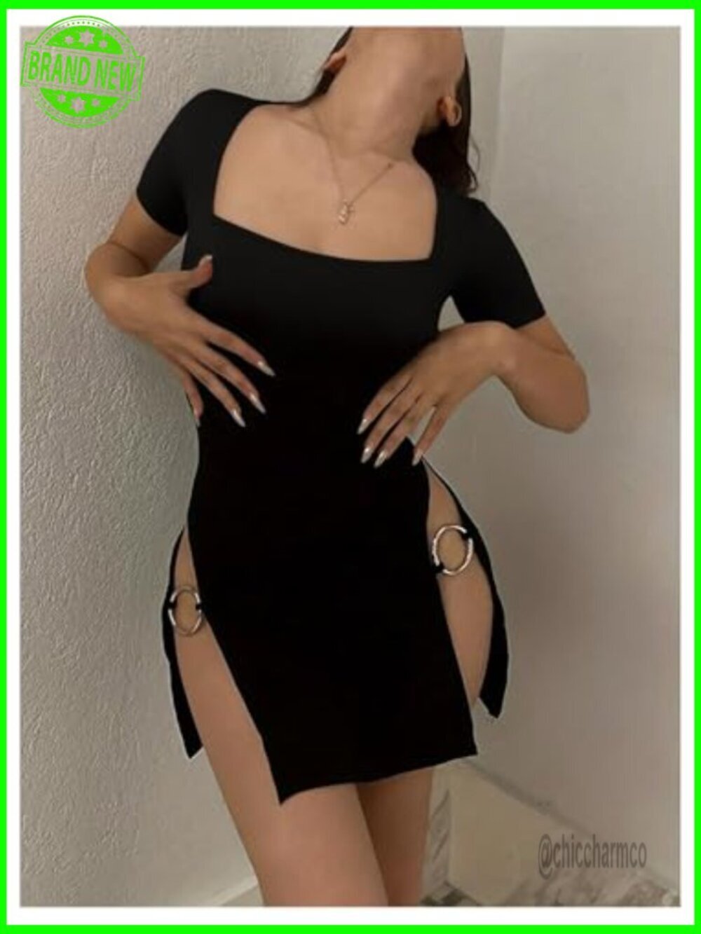 Women's Plus Size Short Sleeve Bodycon Mini Dress with High Slit, Pull On Style - Picture 5 of 5